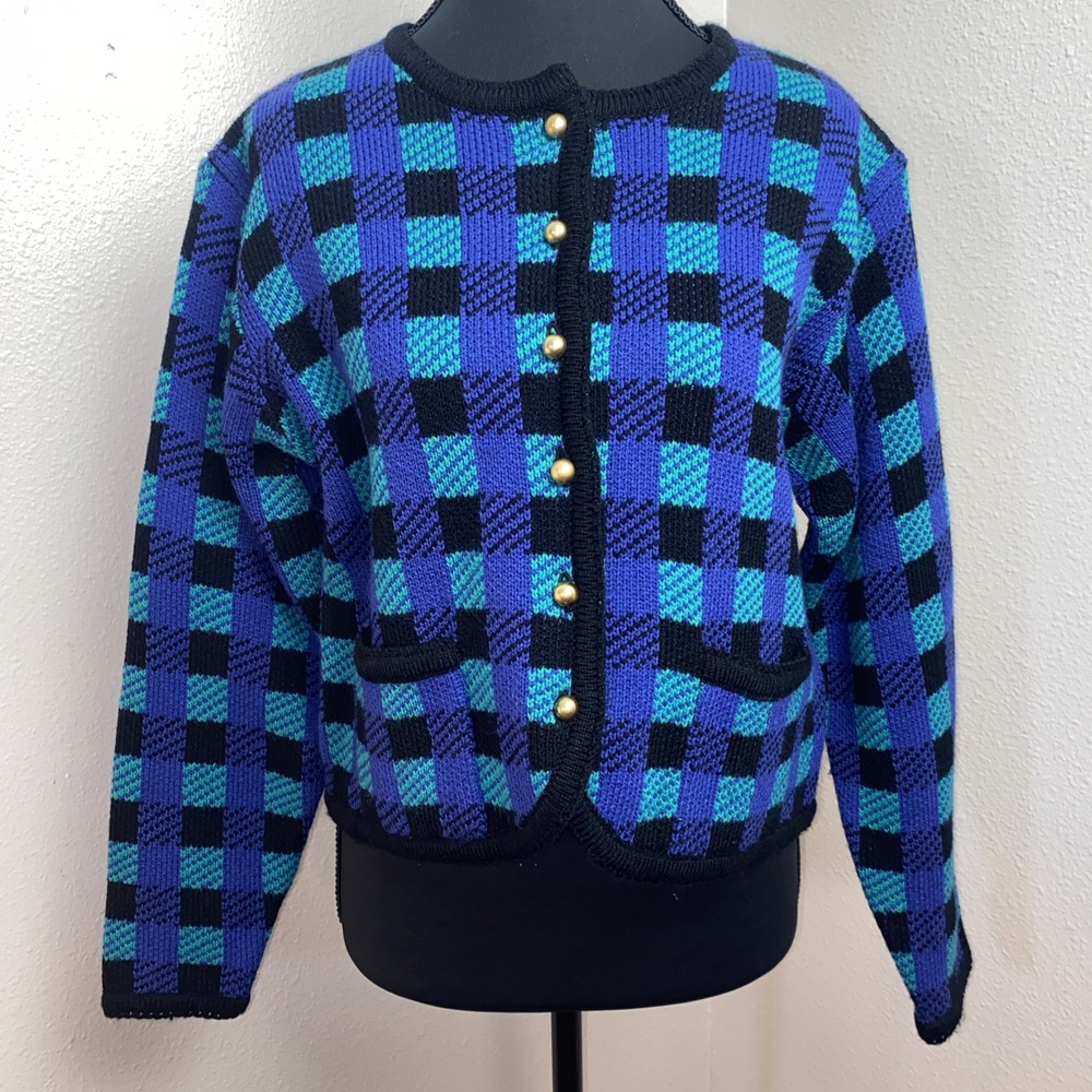 Vtg 80s Diversity Sweater Women's SP‎ Multicolor Plaid Knit Button Grannycore